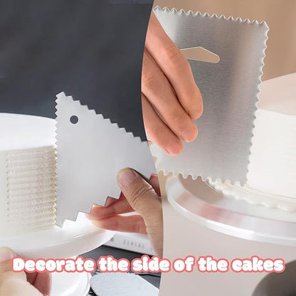 4 PCS Cake Scraper, Stainless Cake Smoother, Icing Smoother, Side Pattern Edge Stripes with Smooth Edges for Pastry Cutting and Mousse Cream Cake Decoration