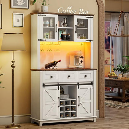72" Coffee Bar Wine Cabinet with Sliding Barn Door & LED Lights, Sideboard Buffet Cabinet with Wine Bottle Rack, 3 Drawers, Storage Cabinet for Kitchen, Dining Room, White