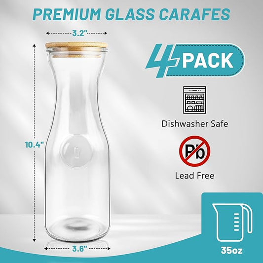 Glass Carafe with Bamboo Lid,35 Oz Beverage Dispensers Carafe,Mimosa Bar Supplies,Juice Bottles, Clear Glass Pitcher with Name Labels for Iced Tea,Coffee,Juice(Set of 4)