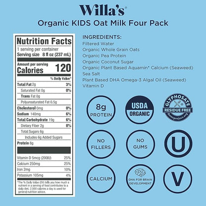 Willa's Organic Kid's Oat Milk with 8g Protein & 240g Calcium, Plant-Based Milk for Kids, Dairy-Free, Low Sugar, 2g Fiber – 8.25 oz, 16 Pack