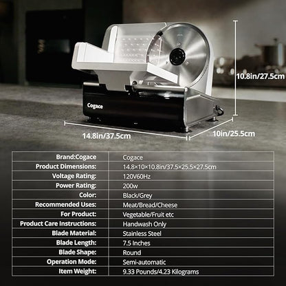 Powerful Deli Meat Slicer Machine, 200W Electric Food Slicer with 3 Types of 7.5" Stainless Steel Blades, Adjustable Thickness 0–15mm, for Meat, Cheese, Bread, Vegetables, Home Use