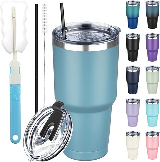30 oz Tumbler with Lids and Straws, Stainless Steel Insulated Coffee Tumbler, Double Wall Vacuum Insulated Travel Mug Cup, Leakproof Thermal Coffee Cup for Hot and Cold Drinks (Azure Blue)