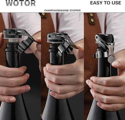 WOTOR Champagne&Wine Bottle Stoppers Stainless Steel with Food Grade Silicone, Leak Proof Keep Fresh Reusable Saver, Cork Suitable for Wine, Champagne, Cava, Prosecco and Sparkling (6 Pack Black）