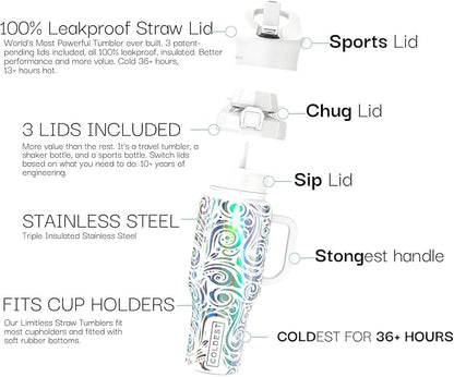 Coldest 40 oz Tumbler with Handle and Straw, 100% Leak Proof Insulated Tumbler with Lid and Straw (3 Lids), Stainless Steel Tumblers for Women & Men, Cup Holder Friendly, 36 oz (Snowstorm Spiral)