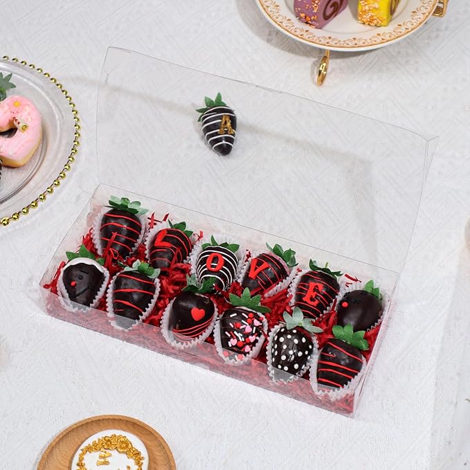 RomanticBaking 24PCS 12x5x2 Inches Clear Valentines Strawberry Boxes Cookie & Macaron Gift Boxes for Party Favors