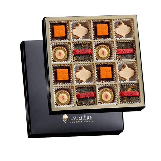 Le Cadeau Parfait Collection - Square Gourmet Gift Box (16 Treats) - Laumière Gourmet Fruits - Vegan Healthy Dried Fruits & Nuts Gift Basket - No Added Cane Sugar Sweets