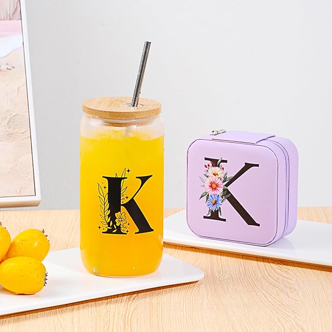AYGXU Birthday & Special Occasion Gifts for Women & Girls - Travel & Home Glass Cup with Bamboo Lid, Straw & Initial T Purple