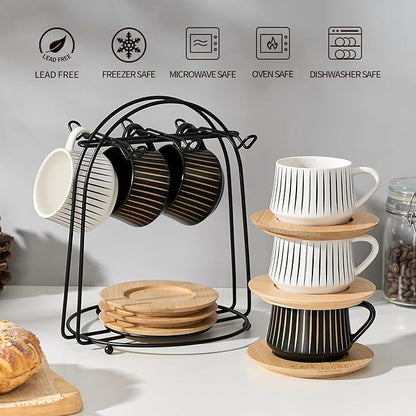 LUKA Ceramic Coffee Espresso Cups with Saucers Set with Metal Holder, 4 oz Porcelain Demitasse Cups For Espresso, Latte, Coffee, Cafe Mocha, Tea, Set of 6, Stripe White & Black