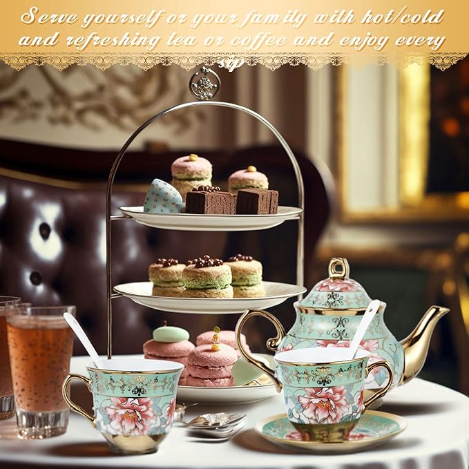 Zhehao 20 Pcs Porcelain Tea Set with Metal Holder and Spoon Adult Ceramic Tea Party Set European Flower Painting Teapot Cup Saucer Spoon Set for Women, Large Version(Fresh Style)