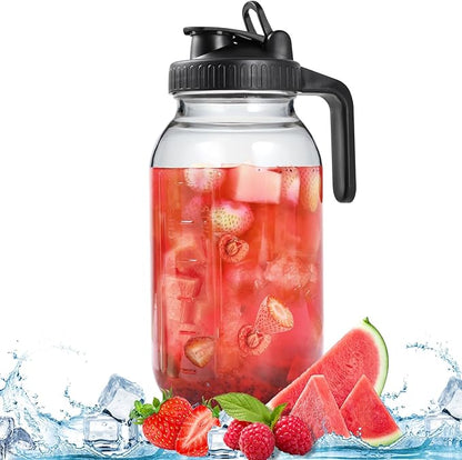 64oz Glass Pitcher with Lid, Wide Mouth Mason Jar Water Jug, Leak-Proof Airtight Mason Jar for Cold Brew Coffee, Iced Tea, Milk, Food Storage, Sun Tea Jug (Black)