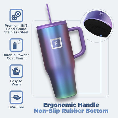IRON °FLASK Co-Pilot Insulated Mug w/Straw & Flip Cap Lids - Cup Holder Bottle for Hot, Cold Drink - Leak-Proof - Water, Coffee Portable Travel Mug - Dark Pine, 32 Oz
