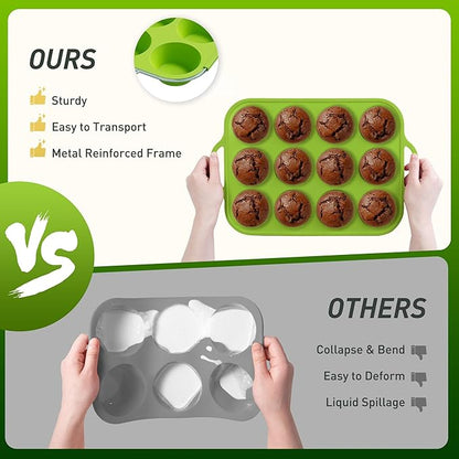 2 Packs 12 Cups Silicone Muffin Pan with Metal Reinforced Frame Regular Size Cupcake Pan Tray Egg Bites Silicone Circle Cookie Molds Muffin Tin Tart Pans Baking Sheet Set for Breakfast Sandwiches