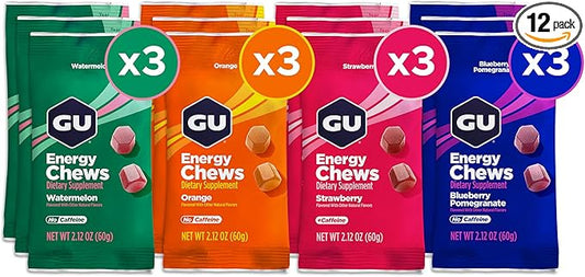 GU Energy Chews, Variety Pack Energy Gummies with Electrolytes, Dairy-Free, On-The-Go Energy for Any Workout, 12 Bags (24 Servings Total)