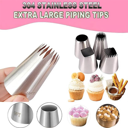 Extra large piping tips set, stainless steel round piping tips,star square wide piping tip jumbo piping tips, Cake DecoratingTips for Cupcakes Pastry Fondant Cakes Decorating （F02 9FT F06 R22L)