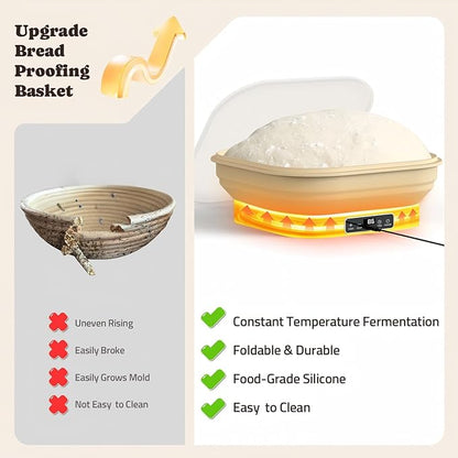Heating Sourdough Starter Kit, 4L Electric Thermostatic Silicone Square Foldable Banneton Bread Proofing Basket with 6 Timer & Temp Settings for Dough Rising, Dishwasher Safe, Bread Making Kit