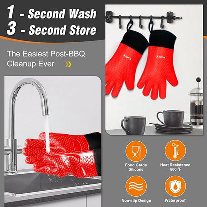 Walfos Silicone BBQ Gloves - Heat Resistant Grilling Gloves, Premium Non-Slip Kitchen Silicone Oven Mitt with Protective Cotton Layer Inside, Waterproof, Great for Grilling, Kitchen and Cooking, Red