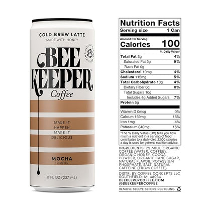 Beekeeper Coffee Cold Brew Mocha Latte with Oregon Honey, 8 fl oz cans (Pack of 12), Ready-to-Drink, 125mg Natural Caffeine