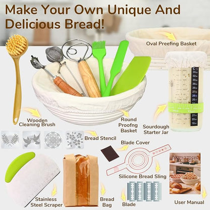 Sourdough Starter Kit,9 Inch Round & 10 Inch Oval Banneton Bread Proofing Basket with Dough Whisk Bread Lame Dough Scraper Bowl Scraper Silicone Brush Sourdough Bread Baking Supplies