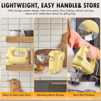 Electric Hand Mixer with Stainless Steel Whisk, Dough Hook Attachment and Storage Bag, Handheld Mixer for Baking Cakes, Eggs, Cream Food Mixers. Turbo Boost /5 Speed Kitchen Blender YELLOW