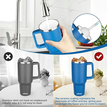 40 oz Insulated Coffee Mug with Ceramic Coating, Stainless Steel Travel Mug Tumbler with Handle Lid and Straw, Double Wall Leak-Proof Coffee Travel Mug Keeps Drink Hot and Cold (Blue)
