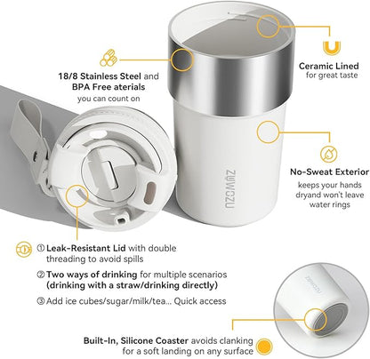 Insulated Travel Coffee Tumbler Mug - Ceramic Inner Wall Reusable Iced Coffee Cups Bottle with Lids, Stainless Steel Insulated Cold Brew Water Tumbler with Straw, BPA Free 16 Oz Water Bottle