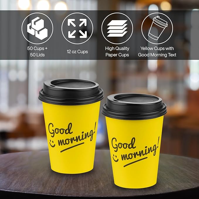 Smygoods Disposable Coffee Cups with Lids, To Go Paper Hot Cups, Good Morning Design (12 OZ, 50 Count) For Hot Beverages, Coffee, Tea, Espresso, Cocoa - Vasos Para Cafe