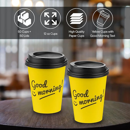 Smygoods Disposable Coffee Cups with Lids, To Go Paper Hot Cups, Good Morning Design (12 OZ, 50 Count) For Hot Beverages, Coffee, Tea, Espresso, Cocoa - Vasos Para Cafe