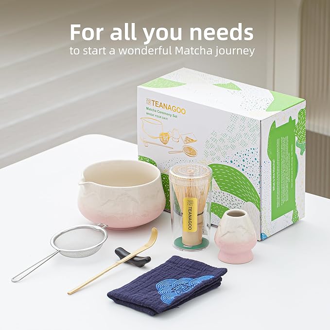 TEANAGOO 7 Pcs Matcha Whisk Set, Pink Matcha Set, Ceremony Matcha Powder Kit,Matcha Tea Set for Making Latte,Matcha Whisk Set and Bowl with Scoop&Sifter,Fuji Design Ceramic Bowl,Gift for Matcha Lovers