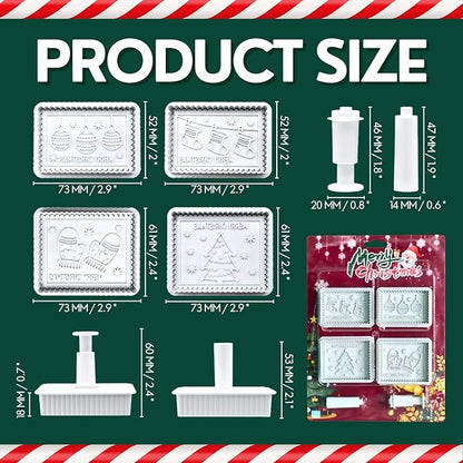 Christmas Cookie Cutters, 4-Piece 3D MERRY CHRISTMAS Plastic Cookie Stamp Set, Comes with Merry Christmas in English, Perfect for Christmas cookie baking and parties