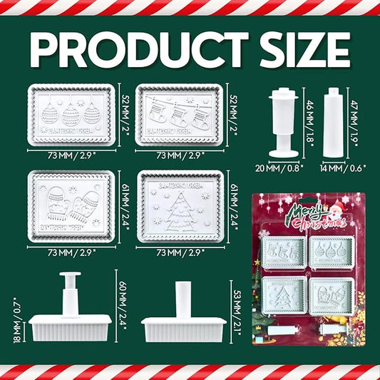 Christmas Cookie Cutters, 4-Piece 3D MERRY CHRISTMAS Plastic Cookie Stamp Set, Comes with Merry Christmas in English, Perfect for Christmas cookie baking and parties