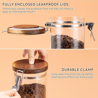 Yangbaga Glass Sugar Coffee Canister with Shelf, 3 x 45OZ Coffee Bean Containers Storage Station Organizer with Airtight Locking Clamp and Log Coffee Scoop, Food Storage Canisters Sets for Kitchen
