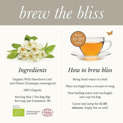 Wild Bliss Organic Wild Hawthorn Leaf and Flower Herbal Tea - Caffeine Free Heart Health Herbal Support - 20 Plant Based Tea Bags