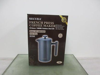 Secura French Press Coffee Maker, 304 Grade Stainless Steel Insulated Coffee Press with 2 Extra Screens, 34oz (1L), Grey