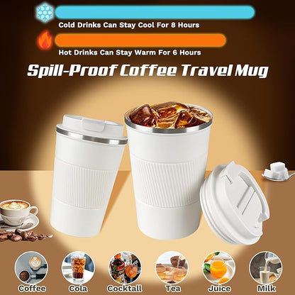 Vacuum-Insulated Stainless Steel Travel Coffee Mug, Leak-Proof Reusable Coffee Cup with Lid - Keep Hot & Cold Drinks for Hours, Durable Thermos Tumbler for Men & Women (3rd-White, 12OZ)