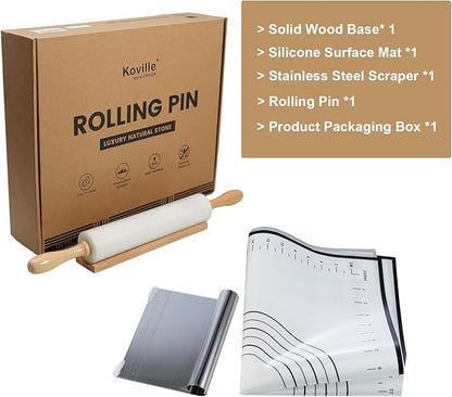 Koville African Natural Marble Rolling Pin, Non-Stick Polished Dough Roller, Pasta, Dumpling, Fondant, Pie Crust, Bread, Pizza Dough, Kitchen Baking Pastry Tools with Mat/Scraper（Namib Fantasy）