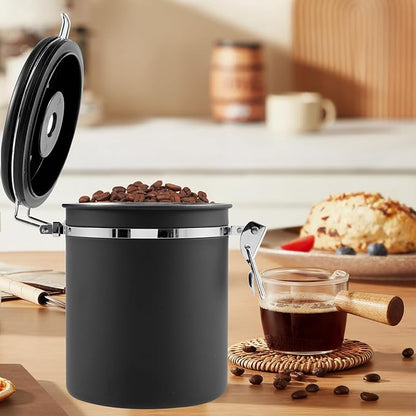 4PCS Coffee Storage Canister 1.5L Double Airtight Coffee Beans Container with Date Locator 304 Stainless Steel Kitchen Food Storage Container with Spoon for Tea Sugar,Black