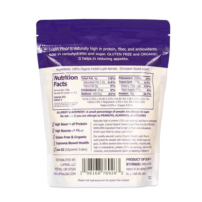 Lupina Organic Gluten-Free Lupin Flour –16 oz- High-Protein, High-Fiber, Low-Carb Plant-Based Flour – Non-GMO Vegan Superfood for Baking, Smoothies & Healthy Cooking
