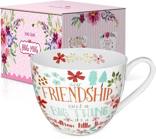 Friendship Coffee Mug, Premium 20 oz Bone China Coffee Tea Hug Mug, Perfect Birthday, Holiday, and Christmas Gift for Women and Female Friends, Designed in England by Harvest Green Studio