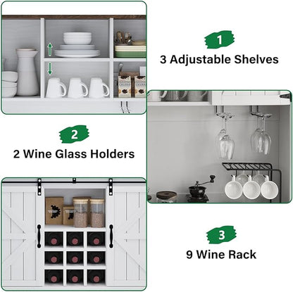 4 EVER WINNER 72" Coffee Bar Cabinet with Sliding Barn Door & Wine Racks, Hutch Cabinet with Storage and 3 Drawers, Farmhouse Coffee Bar with Wine Glass Holder for Dining Room Kitchen, White
