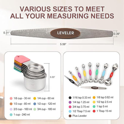 16-Piece Stainless Steel Measuring Cups and Spoons Set, Strong Magnetic Nesting Design 7 Cups 8 Spoons with Leveler, Double Measurement Markings for Dry & Liquid Ingredients, Colorful