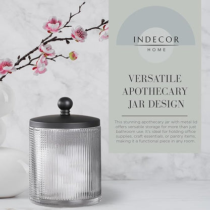 Glass Jar with Metal Lid for Bathroom Organization, Clear Apothecary Jar for Cotton Balls, Q Tips, and Small Accessories, Stylish Bathroom Storage Container Grey, Black