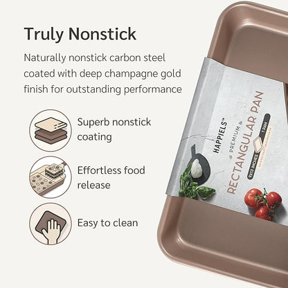 Nonstick Non Toxic 9x13 in Baking Pan for oven | Cake Mold 9 x 13 Non Stick Nontoxic | Carbon Steel Gold Brownies Pans 13x9 inches | Rectangle Brownie Tray 9 by 13 inch | Baking Ware