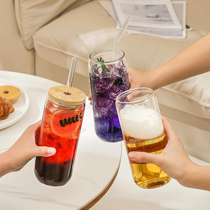 20 Oz Drinking Glasses with Bamboo Lids and Glass Straw - 8 Pcs Glass Cups Beer Ice Coffee Glasses Cute Aesthetic Cup Great for Coffee Bar Accessories Include 2 Cleaning Brushes