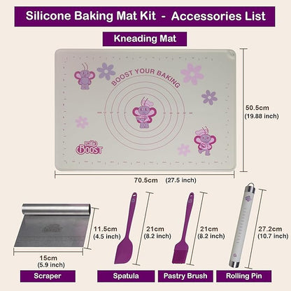 Silicone Baking Mat Set | Non-Stick Dough Rolling Pastry with Rolling Pin for Cookie Pie Crust Pizza Bread | Extra Large Dough Mat | Silicone Pastry Mat Kit Extra Thick with accessories