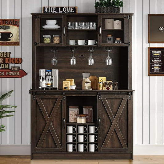 4ever2buy 72" Farmhouse Coffee Bar Cabinet with 2 Glass Doors & 9 Wine Racks, Tall Hutch Cabinet with Storage, Wine Bar with 4 Row Metal Glass Holder, Dark Oak