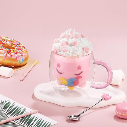 ecooe Cute Unicorn Mug Double Walled Glass Mug 9.4oz Coffee Cup Cappuccino Latte Glass Milk Tea Cup with Handle Spoon, Birthday Christmas Valentine's Day for Women Wife Mum Kids Friends Teachers