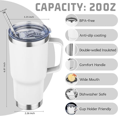 20 oz Tumbler with Handle Stainless Steel Insulated Coffee Mug Tumbler with Lid and Straw Double Wall Vacuum Insulated Coffee Mug Leak Proof Travel Mug Tumbler for Hot and Cold Drink (White,1pack)