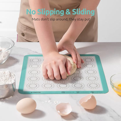 446ºF Heat Resistant Macaron Mat: U-Taste 11x11in Non Stick Silicone Baking Mat, Reusable Cookies Pastry Sheet Liner with Edge Enhancement & Circle Measurement for Square Cake Pan (Aqua Sky)
