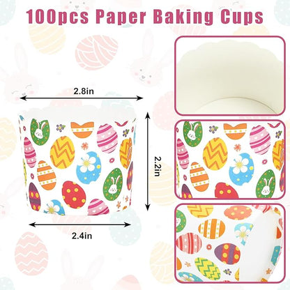 Whaline 100Pcs Multicolor Easter Paper Baking Cups with Easter Egg Bunny Flower Design, Disposable, 9 x 3.5 Inch