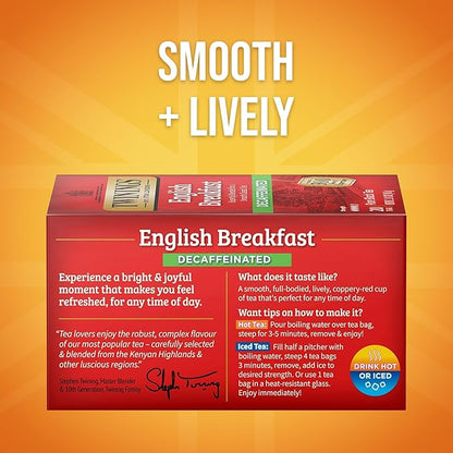 Twinings Decaffeinated English Breakfast Individually Wrapped Bags, 20 Count (Pack of 6), Flavourful & Robust, Enjoy Hot or Iced, 120 Teabags